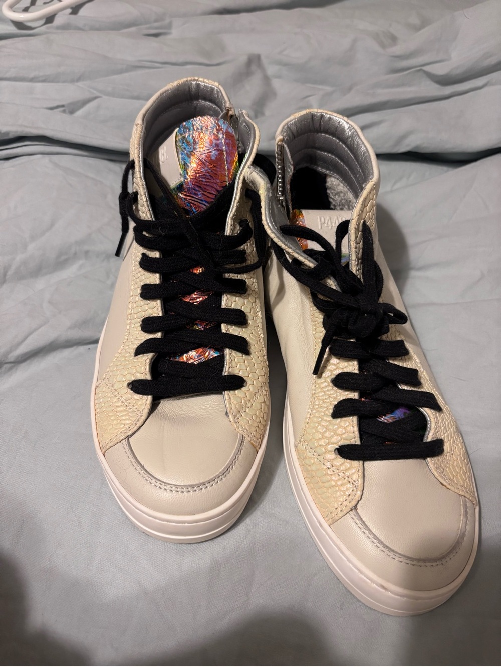 P448 Cream High-Top Sneakers with Black Laces and Iridescent Tongue